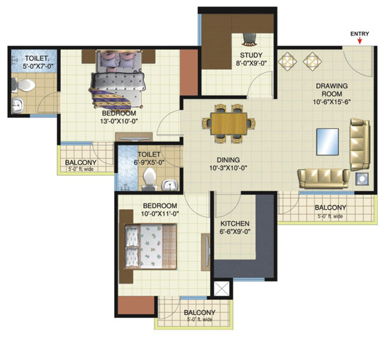 2 Bed Room + 2 Toilet + Study Total Sellable Area =1215 Sq. Ft