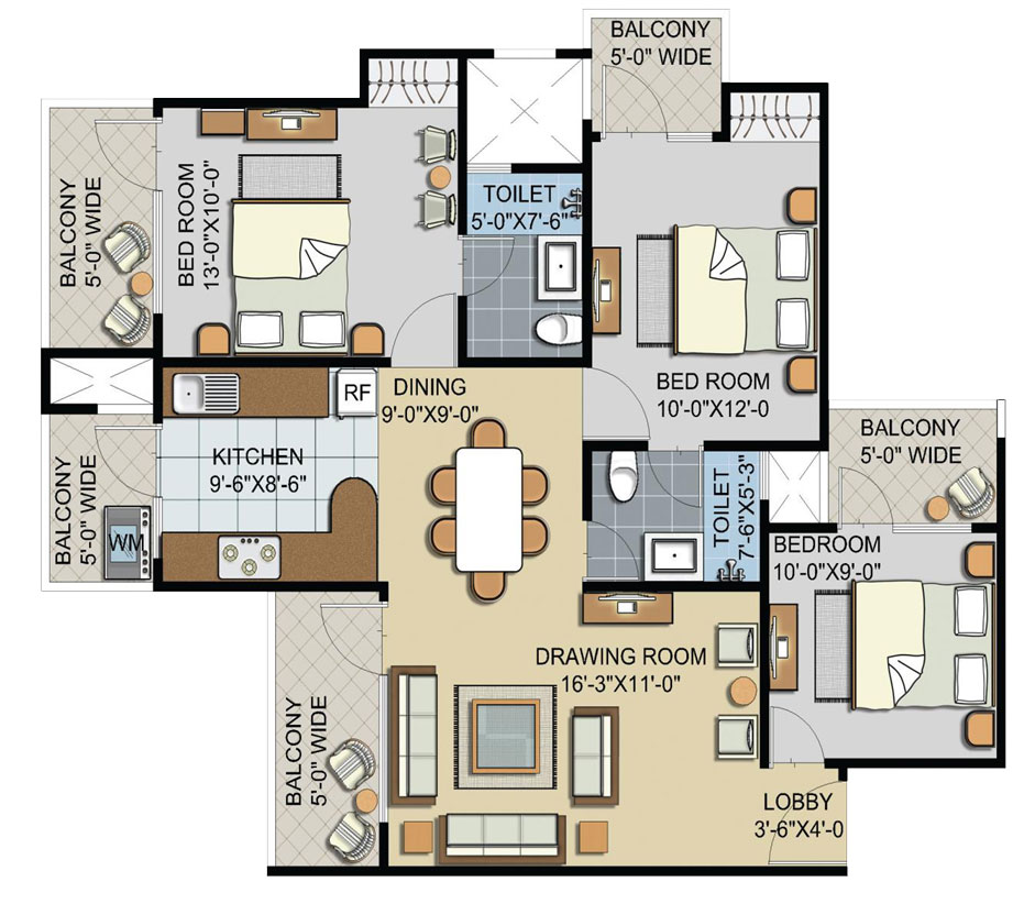 3 Bedrooms + Drawing Room + Dining + Kitchen + Utility + Balconies + 2 Toilets