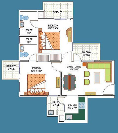 2 Bed + 2 Toi + 2 Balcony + Terrace Total Sellable Area =880 Sq. Ft