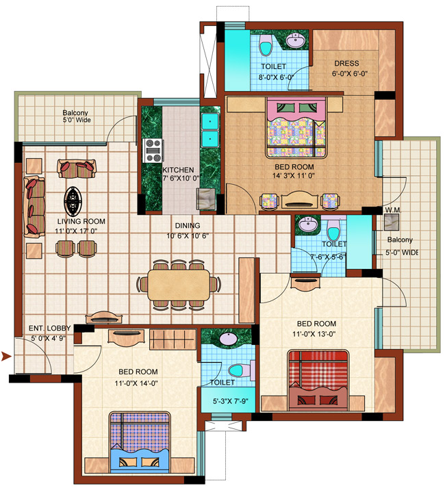 3BHK + 3 toilet, Typical Floor Plan - A-3
