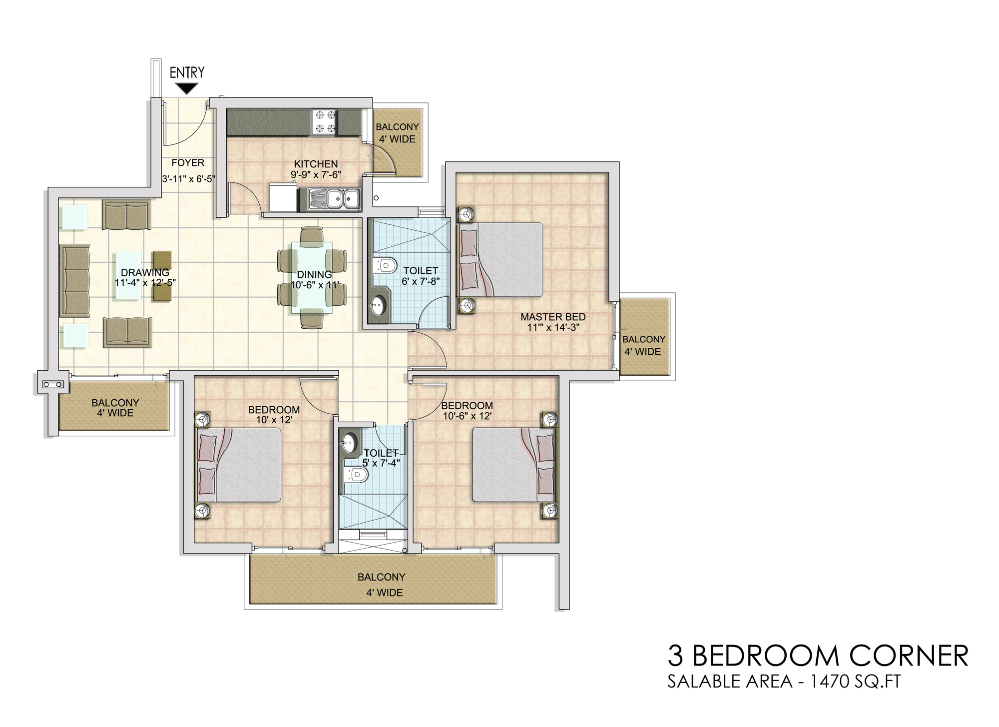 3 Bedroom Corner (1470 sq.ft.)