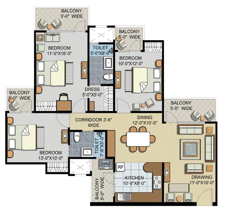 3 Bedrooms + Dress + Drawing Room + Dining + Kitchen + Utility + Balconies + 2 Toilets