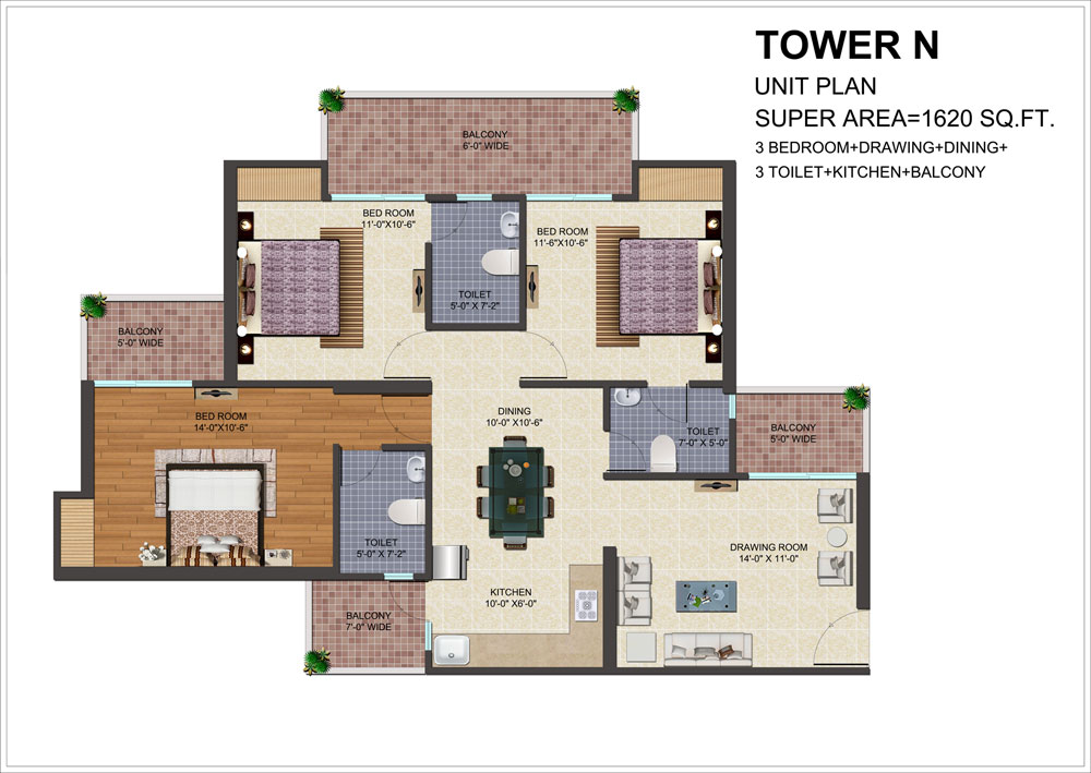 3Bhk + 3T + drawing