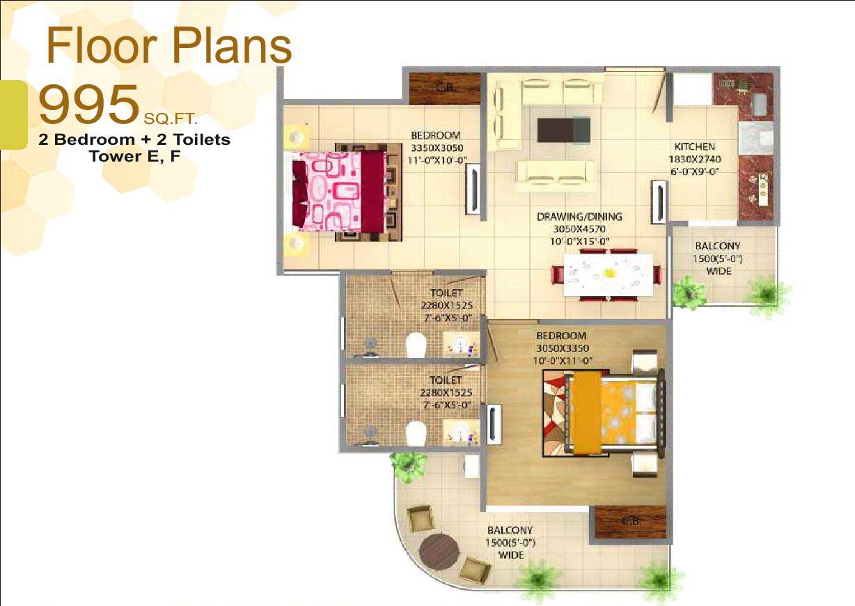2BHK+2T 995 Sq.Ft