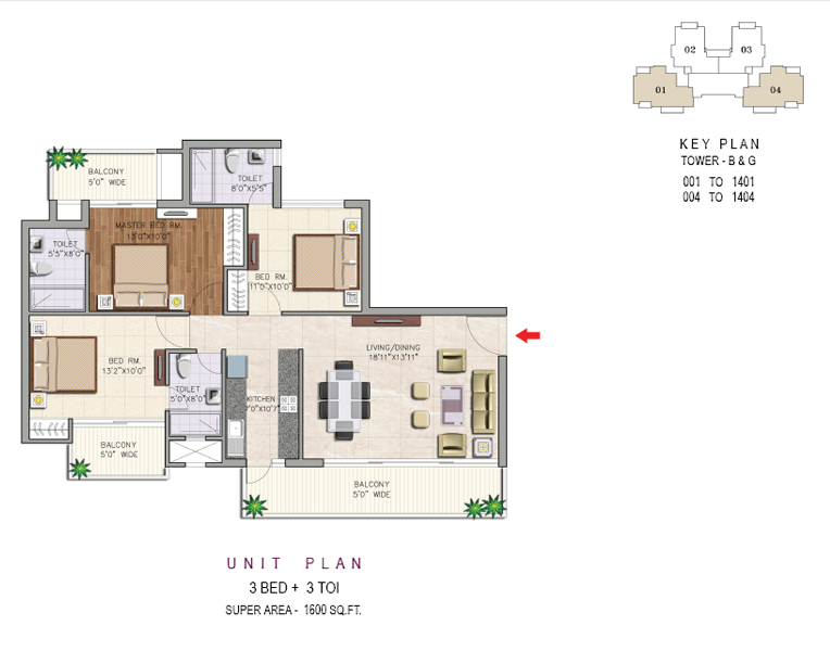 3 BED + 3 TOI (1600 SQ.FT)