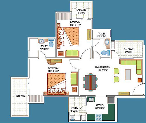 2 Bed + 2 Toi + 3 Balcony + Terrace Total Sellable Area =1085 Sq. Ft
