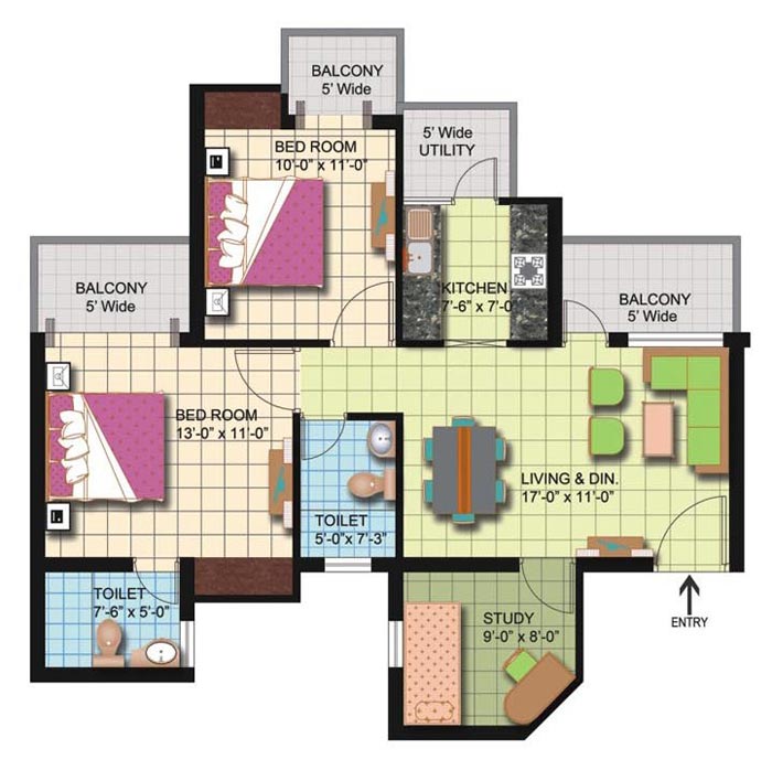 Phase III 2 BD + 2 Toilets + Study Super Area = 1180 sq. ft.