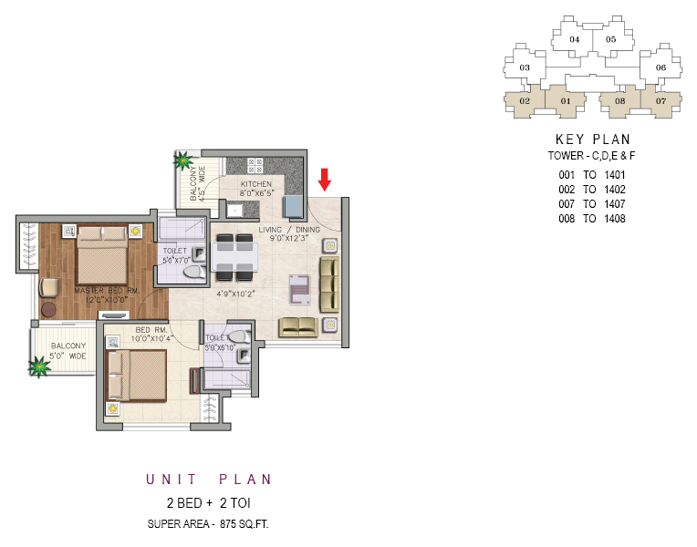 2 BED + 2 TOI ( 875 SQ.FT)