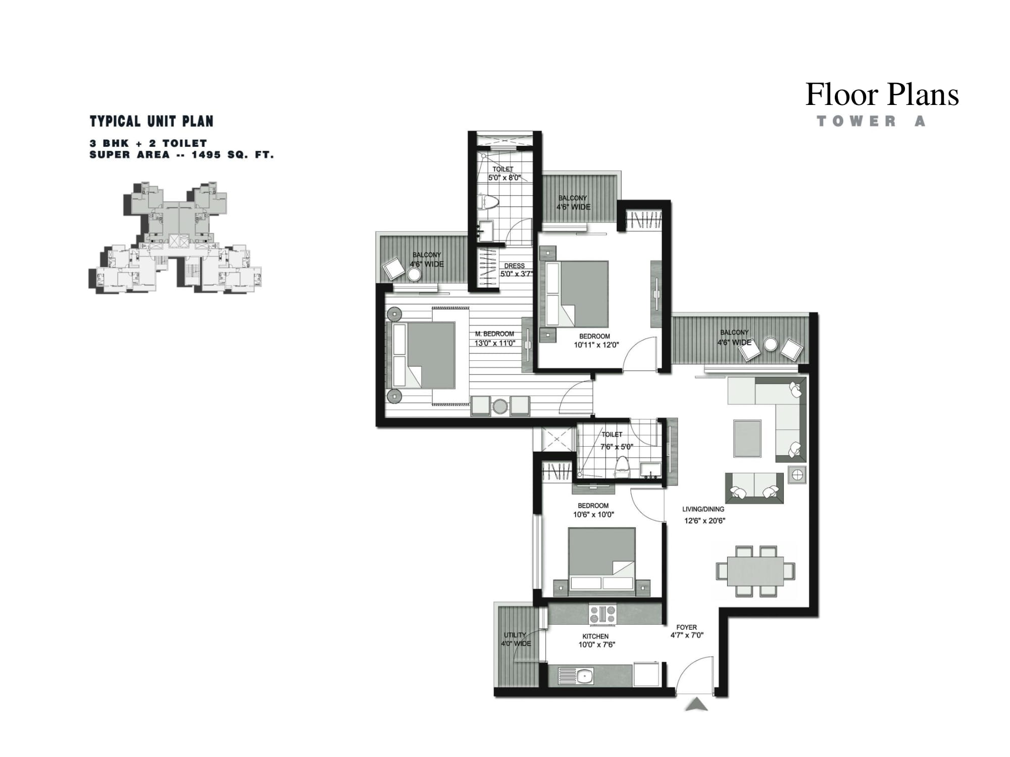 3 BHK + 2 Toilet + Living + Dining