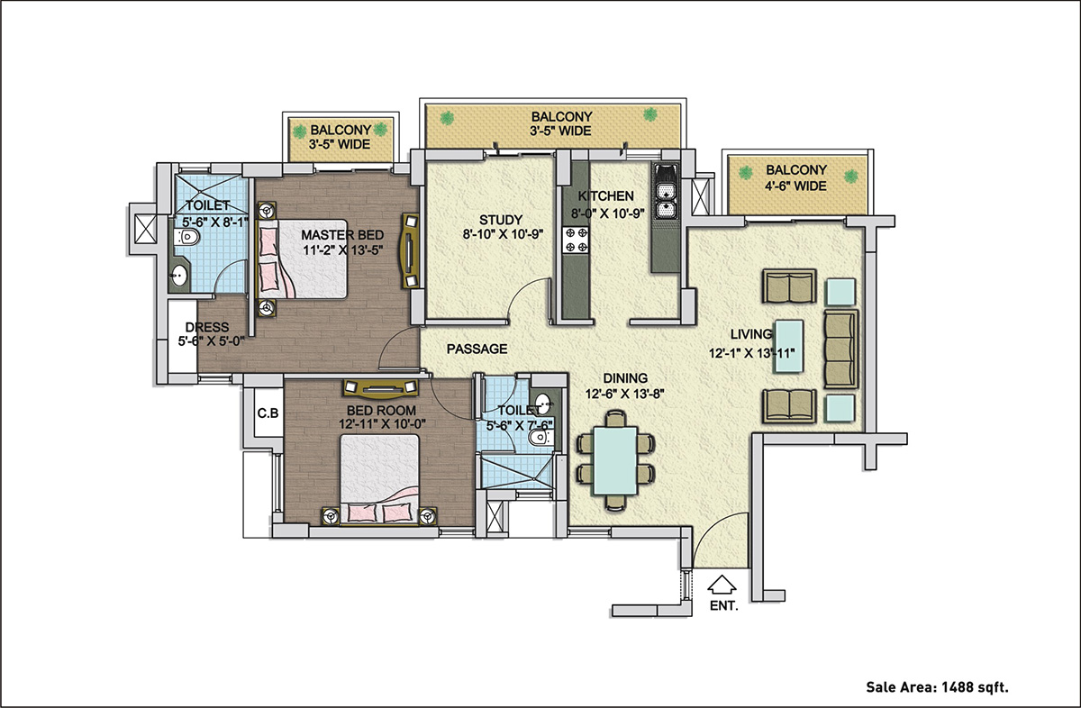 2 Bedroom Unit with Study (1488 sq.ft.) 