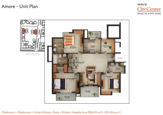 3Bhk + 3T + Study (Amore tower)