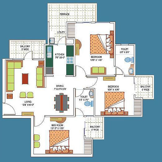 3 Bed + 2 toi + 3 Balcony + Terrace Total Sellable Area =1395 Sq. Ft