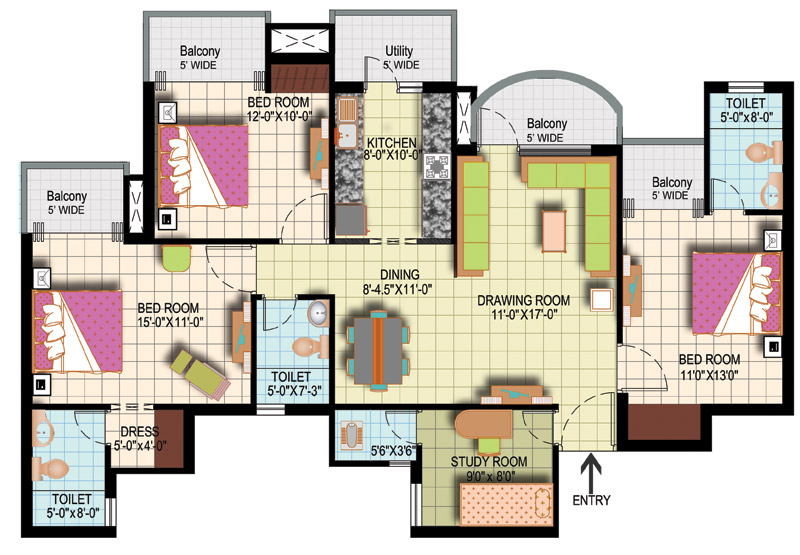 Phase III 3 BD + 4 Toilets + Study Super Area = 1835 sq. ft.