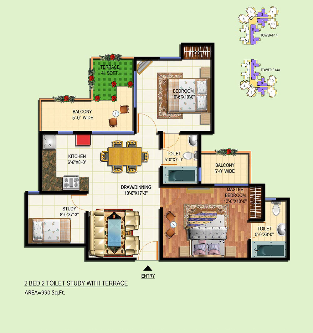 2 Bed + 2 Toilet + Terrace + Study 990 Sq.Ft