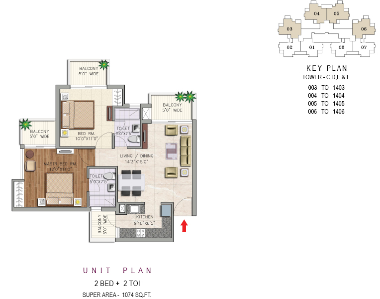 2BED + 2 TOI (1074 SQ.FT