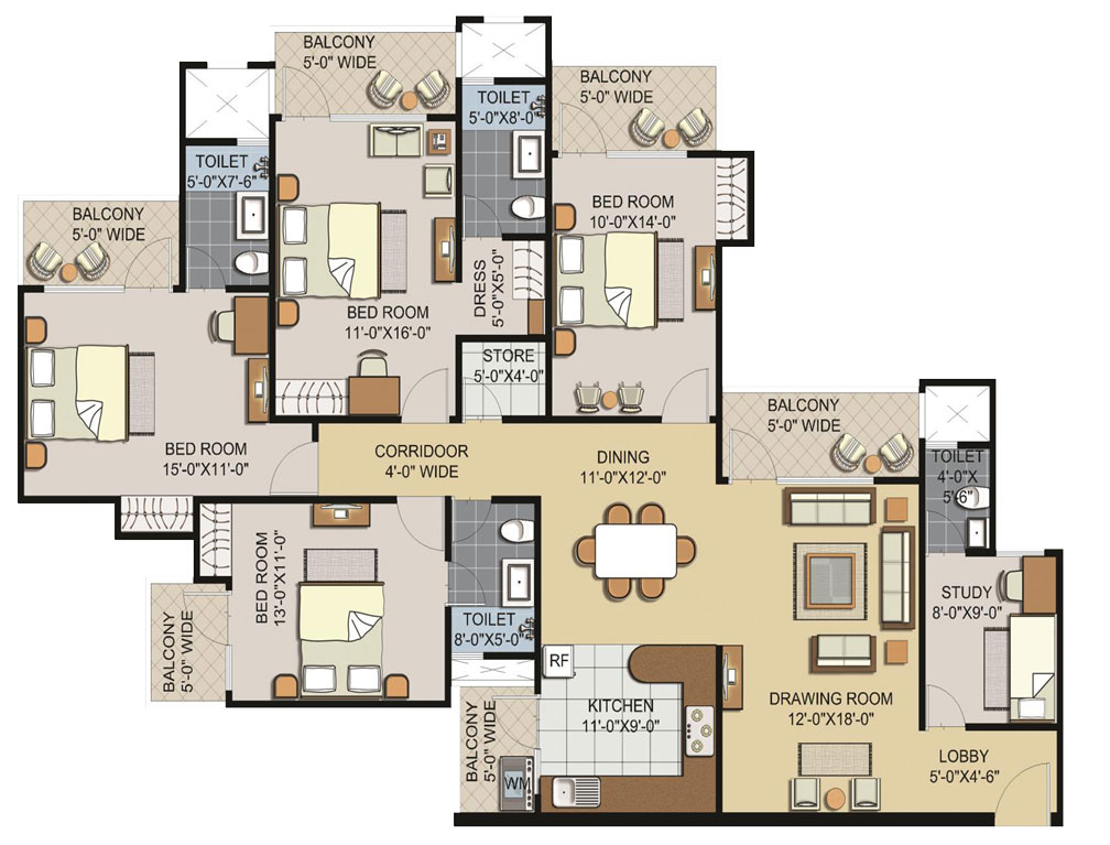 4 Bedrooms + Study + Dress + Drawing Room + Dining + Kitchen + Utility + Store + Balconies + 4 Toilets