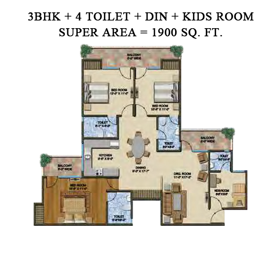 3Bhk + 3T + Kids room