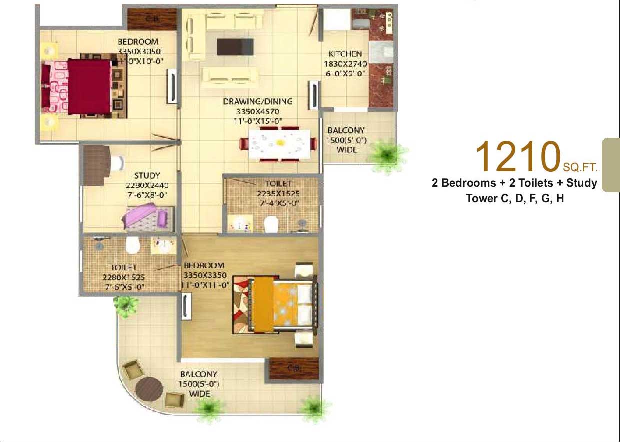 2BHK+2T+S 1210 Sq.Ft