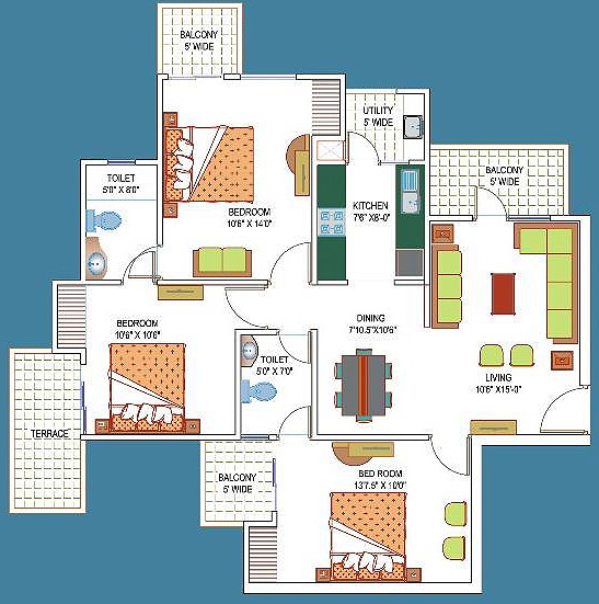 3 Bed + 2 toi + 3 Balcony + Terrace Total Sellable Area =1395 Sq. Ft