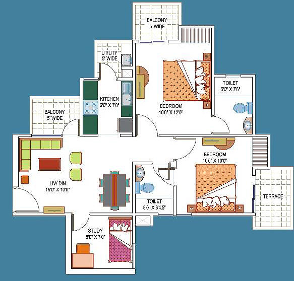 2 Bed + 2 Toi + Study + 2 Balcony + Terrace Total Sellable Area =1010 Sq. Ft