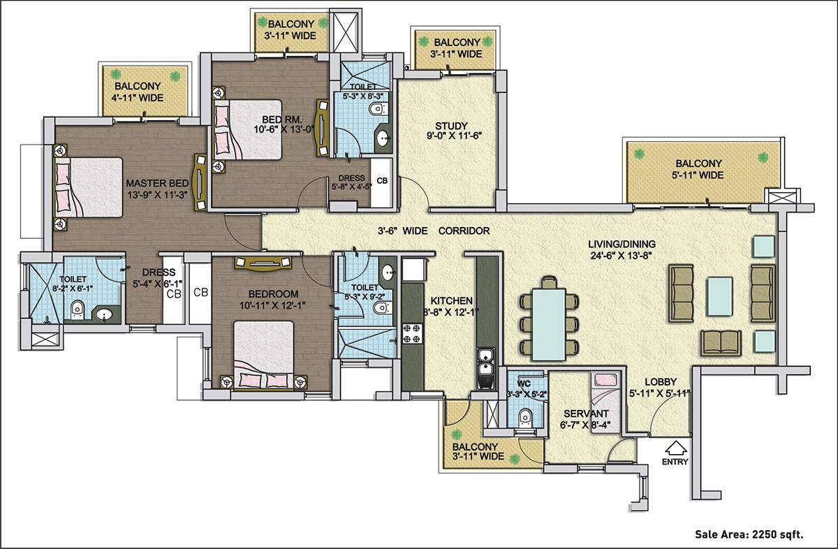 3 Bedroom Unit with Study & Servant Quarter (2250 sq.ft. ) 