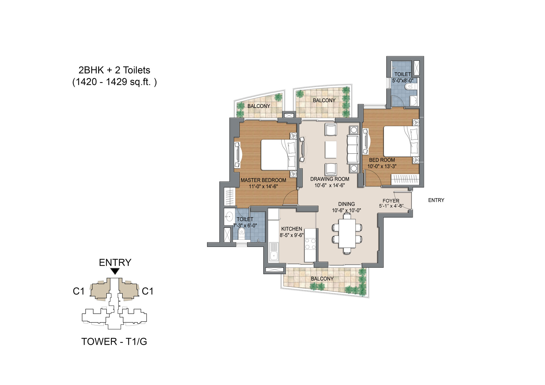 2BHK + 2 Toilets 1420-1429 sq.ft. Tower - T1/G 