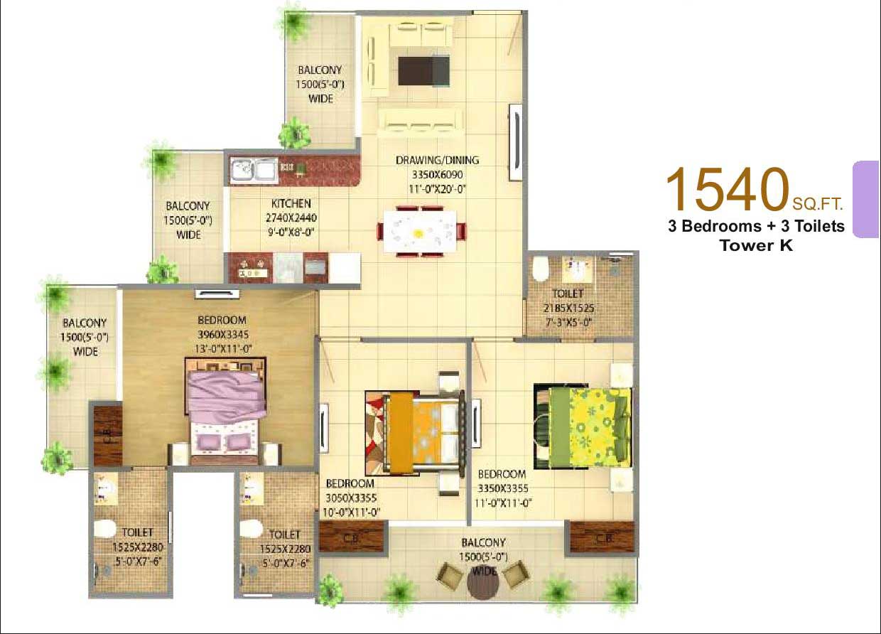 3BHK+3T 1540 Sq.Ft