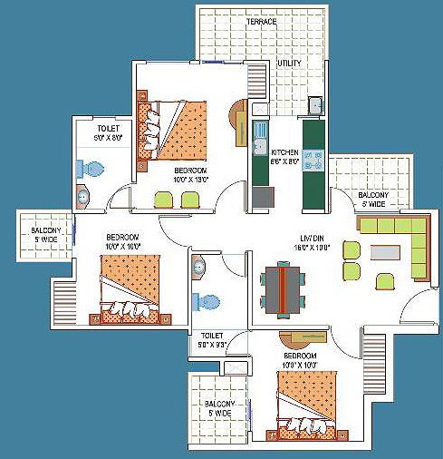 3 Bed + 2 Toi + 3 Balcony + Terrace Total Sellable Area =1170 Sq. Ft