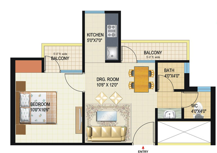 1 Bed Room (Option 1) Super Area = 585 Sq. Ft