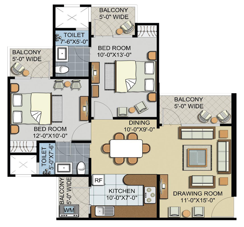 2 Bedrooms + Drawing Room + Dining + Kitchen + Utility + Balconies + 2 Toilets
