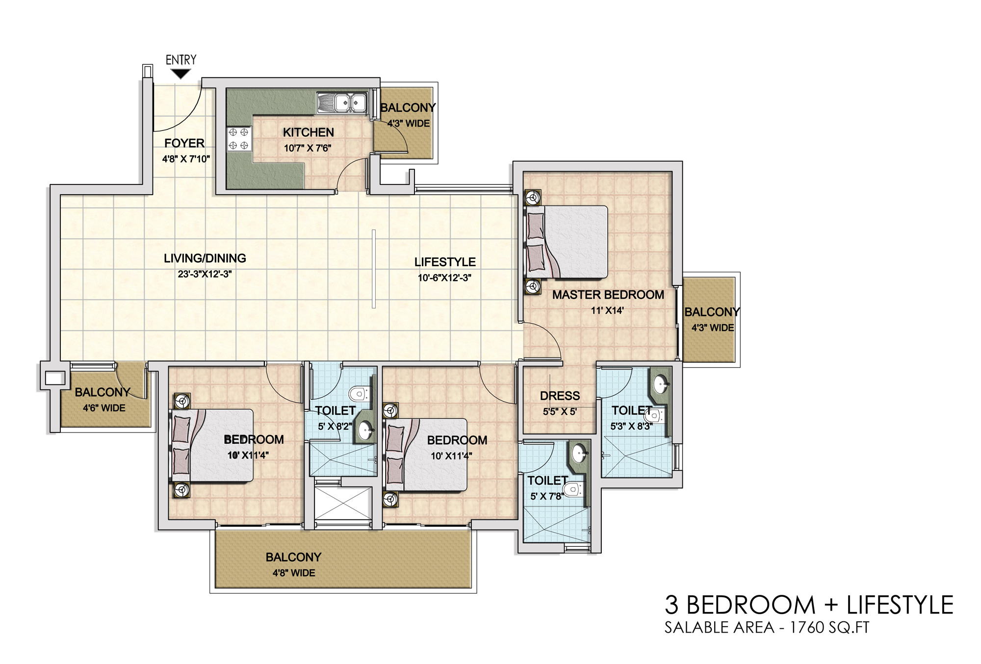 3 Bedroom + Lifestyle (1760 sq.ft.) 