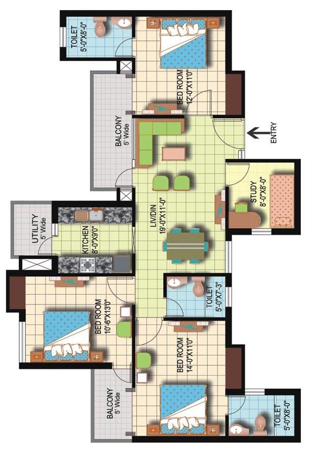 `Phase III 3 BD + 3 Toilets + Study Super Area = 1545 sq. ft.